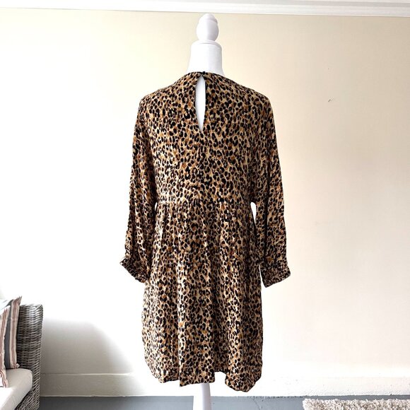 ZARA TRF | Leopard Print Babydoll Empire Waist 3/4 Sleeve Lined Mini Dress XS - Picture 7 of 11